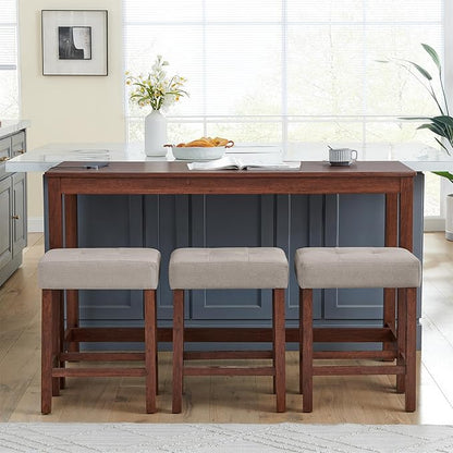 KEIKI 4-Piece Bar Table Set with Charging Station, 59" Industrial Kitchen Table with 3 Upholstered Stools, USB/Type-C/AC Outlets, Solid Wood Frame for Dining Room, Apartment, or Living Room, Cherry