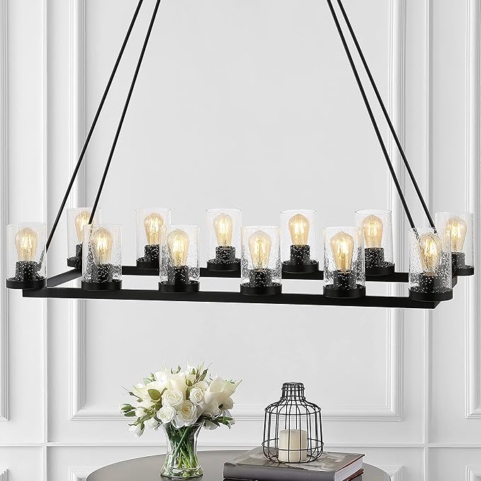 JONATHAN Y 45.5" Oil Rubbed Bronze 12-Light Rustic Farmhouse LED Chandelier, Round Metal Wagon Wheel Pendant Lighting for Dining Room Kitchen with Seeded Glass Shade (JYL7555A)
