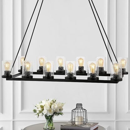 JONATHAN Y 45.5" Oil Rubbed Bronze 12-Light Rustic Farmhouse LED Chandelier, Round Metal Wagon Wheel Pendant Lighting for Dining Room Kitchen with Seeded Glass Shade (JYL7555A)