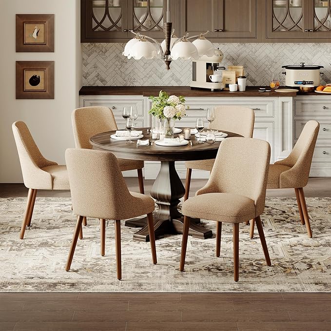 MALOL Dining Room Chair Set of 6, Upholstered Kitchen Chairs with Wood Legs, High-Back Padded Dining Chairs for Dining Room/Restaurant/Cafe, Camel