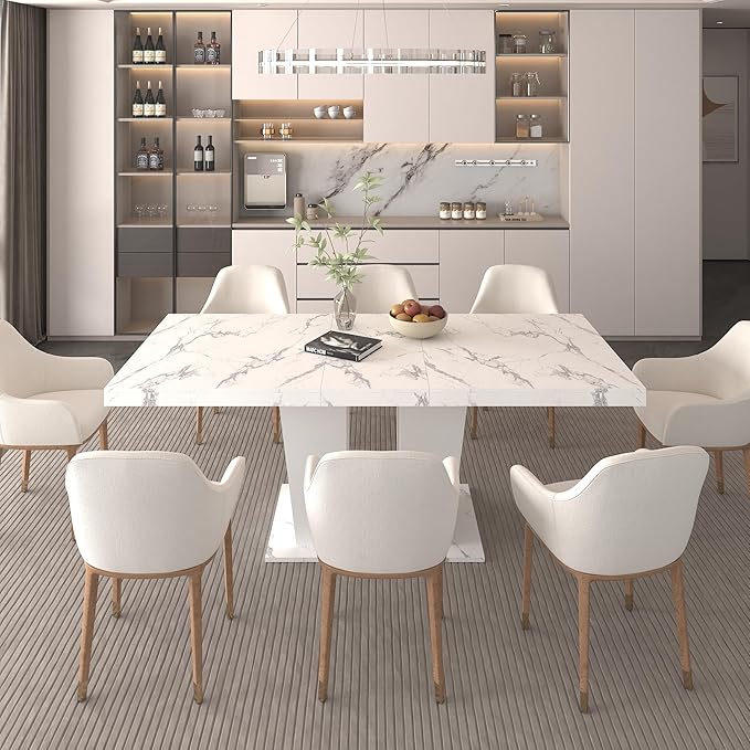 78" Dining Table for 4-10,Modern White Faux Marble Expandable Rectangular Kitchen Table,Long Dining Room Tables with Double Sturdy Pedestal Base for Kitchen Living Room (White Marble)
