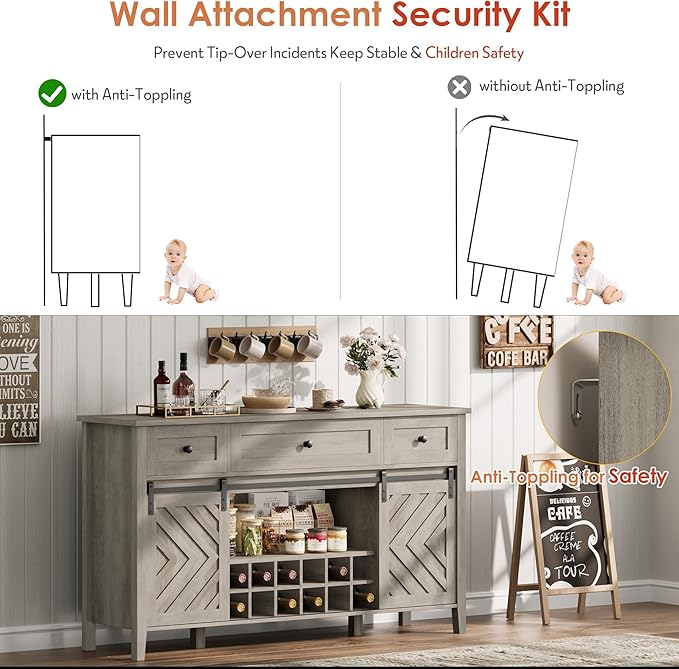 CABIHOME Farmhouse 59'' Buffet Cabinet with Sliding Barn Door, 33.4'' Tall Wood Rustic Sideboard with 3 Drawer, Adjustable Shelf and Removable Wine Rack for Dining Room, Kitchen, Living Room, Vintage