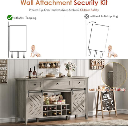 CABIHOME Farmhouse 59'' Buffet Cabinet with Sliding Barn Door, 33.4'' Tall Wood Rustic Sideboard with 3 Drawer, Adjustable Shelf and Removable Wine Rack for Dining Room, Kitchen, Living Room, Vintage