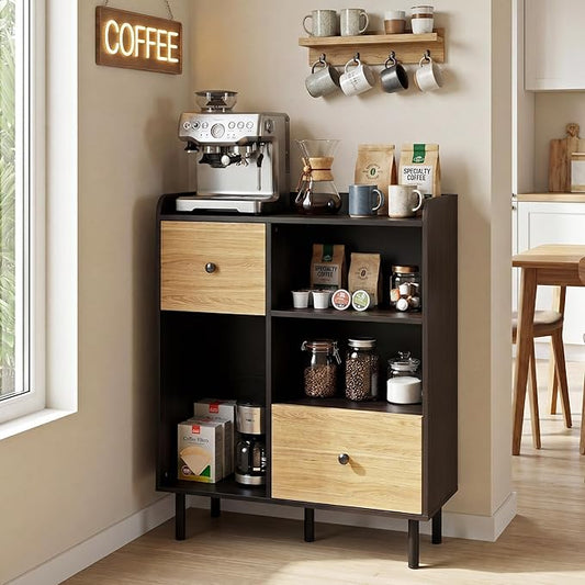 Manora Narrow Small Coffee Bar Cabinet with Drawers, Wooden Mini Sideboard Buffet Cabinet with Storage, Compact Kitchen Island & Corner Island for Kitchen, Dining Room, Coffee Station, Black