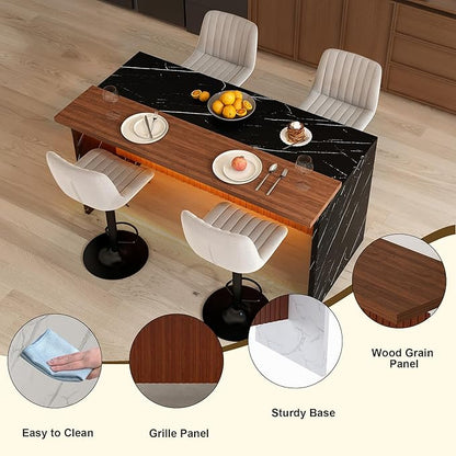 Runboll 63" Large Island Table Set with 4 Bar Stools, Modern Faux Marble Dining Table Set with Multi-Color LED Lights, Kitchen Island with Grille Design for Dining Room, Home, Office, Living Room