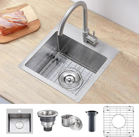 VAPSINT 15x15 Inch Drop In Bar Sink, Topmount Single Bowl Handmade 16 Guage Stainless Steel Small Kitchen Sink for Wet Bar Prep RV Outdoor with Grid & Drain Strainer