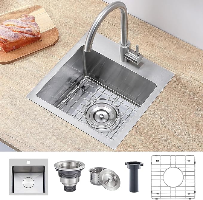 VAPSINT 13x15 Inch Drop In Bar Sink, 13 Inch Top Mount Stainless Steel Small Bar Sink, 16 Guage Handmade Single Bowl for Kitchen Wet Prep Outdoor RV with Grid & Drain Strainer