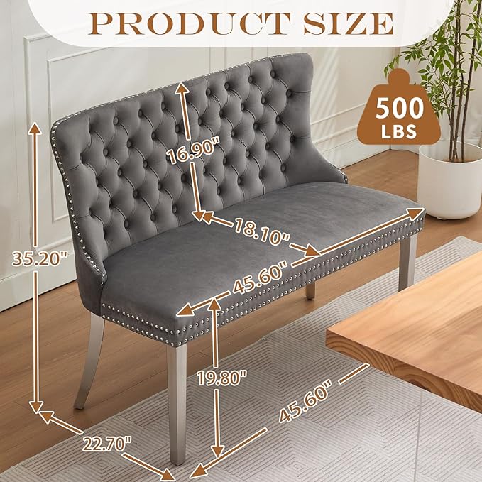 45.6in Upholstered Dining Bench, Mid-Century Modern Kitchen Room Bench with Tufted Back and Metal Legs, Velvet Small Sofa Couch Bench, Grey