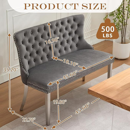 45.6in Upholstered Dining Bench, Mid-Century Modern Kitchen Room Bench with Tufted Back and Metal Legs, Velvet Small Sofa Couch Bench, Grey