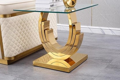 Modern Glass End Table, 22.8" Sofa Side Table with Gold Stainless Steel Frame and Clear Glass Top, Cocktail Tea Table, Square End Table Bedside Table Nightstand for Home Office