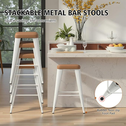 Backless Bar Stools Set of 4, Upholstered Faux Leather Counter Height Stools with Sturdy Metal Legs, 26 Inch Barstools for Kitchen Island (Brown)