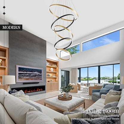 LED 5-Ring Chandelier Modern Vintage Gold Chandelier with Remote Control High Ceiling Foyer Chandeliers Light Brass Circle Round Chandeliers for Living Room Entry Motel,100W