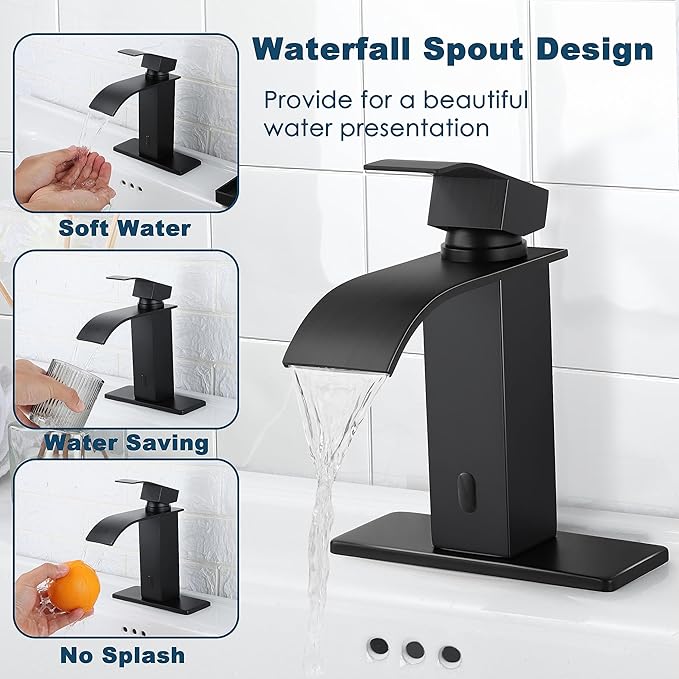 Touchless Bathroom Sink Faucet, Herogo Automatic Sensor Matte Black Waterfall Stainless Steel Bathroom Faucet with Brass Pop Up Drain for Vanity RV Lavatory Farmhouse