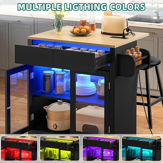 YITAHOME Rolling Kitchen island with Seating and LED Lights, Mobile Storage Islands with Drop Leaf, Dining Table with Power Outlet, 2 Drawers and Soft Stools, Spice/Towel Rack, Lacquered Finish, Black