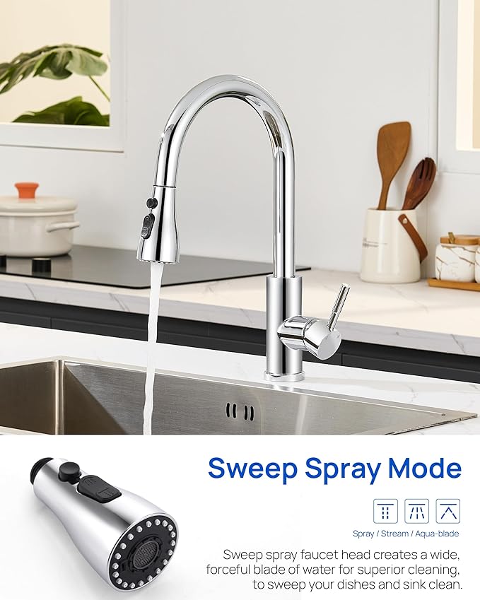 Metal Kitchen Faucet Head Replacement – 3 Mode High-Pressure Sink Sprayer Replacement with 15 Nozzle Adapters, Durable Pull Down Spray Head for Kitchen Sink, Chrome, Stainless Steel