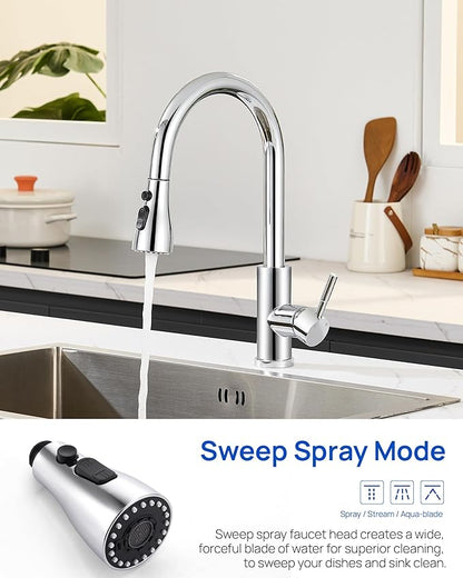 Metal Kitchen Faucet Head Replacement – 3 Mode High-Pressure Sink Sprayer Replacement with 15 Nozzle Adapters, Durable Pull Down Spray Head for Kitchen Sink, Chrome, Stainless Steel