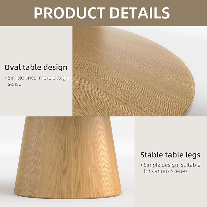 Casaphoria 72" Oval Dining Table for 6-8 People, Mid Century Modern Wood Kitchen Table, Minimalist Pedestal Dining Room Furniture with Child-Safe Round Edges (Natural)