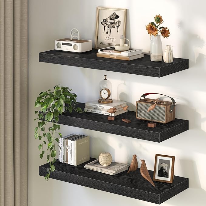 Black Floating Shelves 48Inch Long, 12 Inch Deep Floating Shelves for Wall, 48 x 12 Large Floating Shelf for Fireplace Mantel, 2" Thicked Rustic Wall Shelves for Living Room, Bedroom Storage, 2 Packs