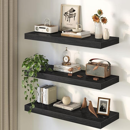 30Inch Black Floating Shelves for Wall, 12 Inch Deep Shelves for Bedroom, Kitchen, Bathroom Wall Mounted, Rustic Wood Floating Shelf with Invisible Brackets for Books, Storage, Decor, 2 Packs
