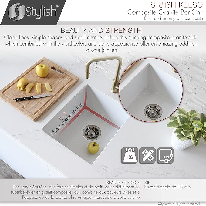 Stylish 15.5 x 17.5 Inch Composite Granite Kitchen or Bar Sink, Single Bowl Under Mount & Drop in, 8.5 in Deep, Rear-Center Drain, with Strainer, White, S-816H