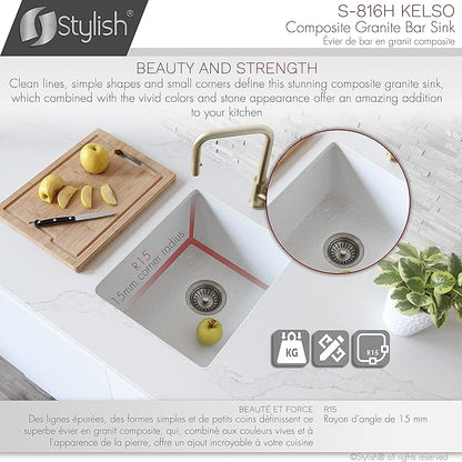 Stylish 15.5 x 17.5 Inch Composite Granite Kitchen or Bar Sink, Single Bowl Under Mount & Drop in, 8.5 in Deep, Rear-Center Drain, with Strainer, White, S-816H