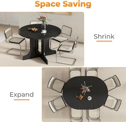 Zevemomo 43"-59" Extendable Dining Room Table for 4-6, Expandable Round Dining Table, Oval Tabletop with Trestle X-Shaped Base & Metal Track for Office, Living Room-Black