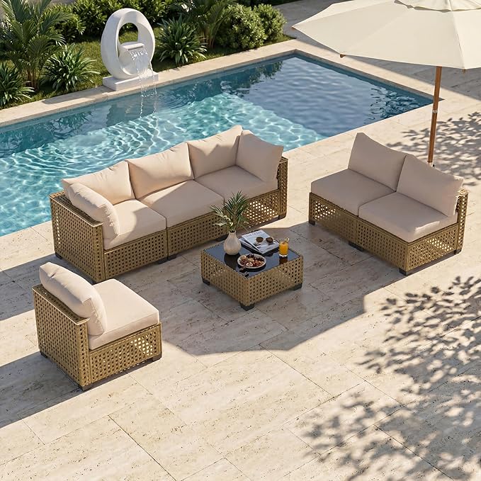 Patio Furniture Set, 7-Piece Outdoor Sectional Couch with Coffee Table & Thick Cushions, Outdoor Wicker Conversation Set for Backyard, Poolside, Garden (Yellow-White, 7 Piece-Single)