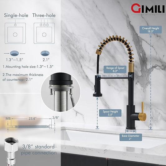 GIMILI Black and Gold Kitchen Faucet with Pull Down Sprayer Single Hole Stainless Steel Sink Faucet, Suitable for Farmhouses, RV, Laundry Room, Outdoor, and Campers. Llave para fregadero de cocina
