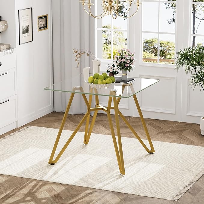 Glass Dining Table,35.4'' Square Dining Kitchen Table,Modern Dining Room Table with Gold Metal Base for Dining Room (Gold,35.4'',Square)