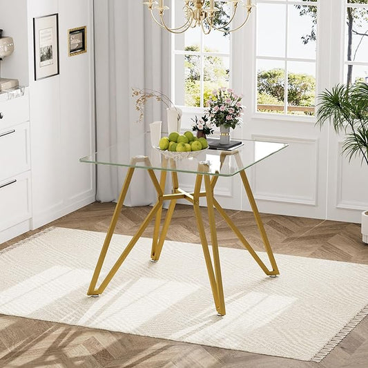 Glass Dining Table,35.4'' Square Dining Kitchen Table,Modern Dining Room Table with Gold Metal Base for Dining Room (Gold,35.4'',Square)