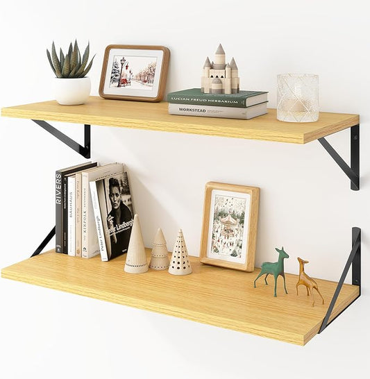 Acovy Deep Floating Shelves Wall Mounted, 30"x12" Oak Wall Shelves with Brackets Set of 2 for Bedroom, Living Room, Bathroom, Kitchen, Office - Storage & Display Shelf for Decor, Books, Plants