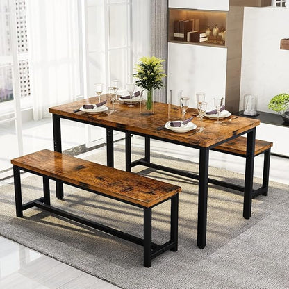 Recaceik 47” Dining Table Set for 4, 3-Piece Kitchen Table with 2 Benches, Wood Kitchen Table and Chair Set, Space-Saving Dining Room Set Dinette Set for Breakfast Nook and Small Space, Rustic Brown