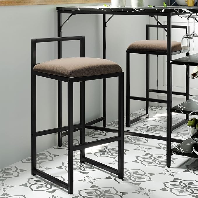 5-Piece Metal Dining Room Furniture Set with Marble Dining Table and 2 Stools/1 Kitchen Island/1 Wine Rack Table, Ideal for Small Small Apartment, Studio (Black + Metal-1)
