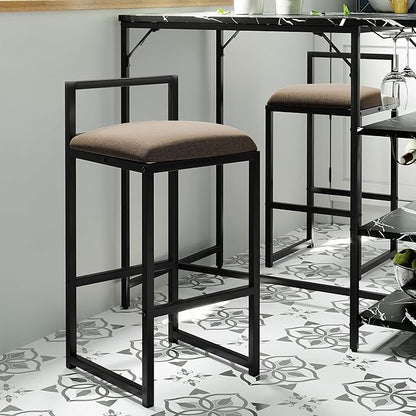 5-Piece Metal Dining Room Furniture Set with Marble Dining Table and 2 Stools/1 Kitchen Island/1 Wine Rack Table, Ideal for Small Small Apartment, Studio (Black + Metal-1)