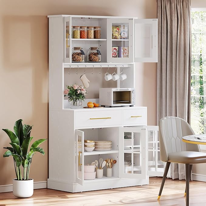 DWVO Kitchen Pantry Storage Cabinet with Microwave Stand, 71'' Tall Kitchen Hutch Cabinets with Power Outlet, Modern Food Pantry Hutch with Drawers ＆ Shelves for Home, White Oak