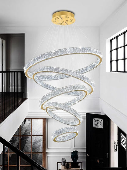 Modern 5 Ring Chandeliers for High Ceiling Foyer,Luxury Dimmable Crystal Ceiling Light Fixtures Staircase Entrance Villa Large Gold Chandelier D8''+15.7"+23.6"+31.5"+39.4"