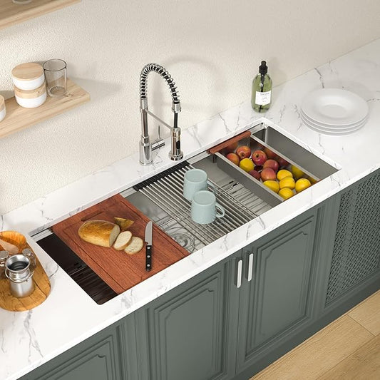 Lordear 45 Inch Undermount Kitchen Sink Super Large Ledge Workstation 16 Gauge Stainless Steel Single Bowl Under Counter Kitchen Sink with Built-in Accessories 45''x19''x10''