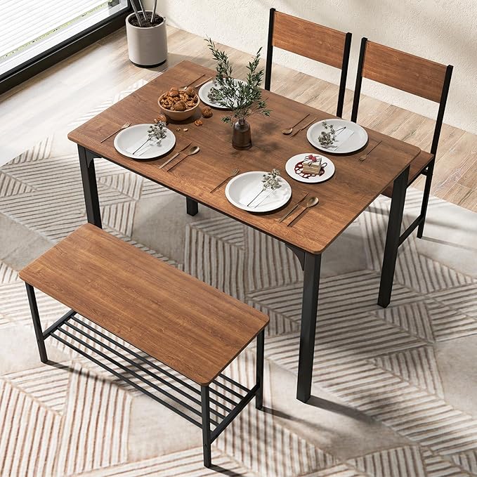 LDAILY Dining Table Set for 4, 4-Piece Wooden Kitchen Table and Chairs with Bench, Storage Rack & Metal Frame, Industrial Dining Room Table Set of 4 for Small Space, Apartment, Kitchen (Rustic Brown)