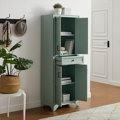 Crosley Furniture Tara Pantry Storage Cabinet with Shelves, Kitchen, Dining, or Laundry Room, Distressed Seafoam Blue