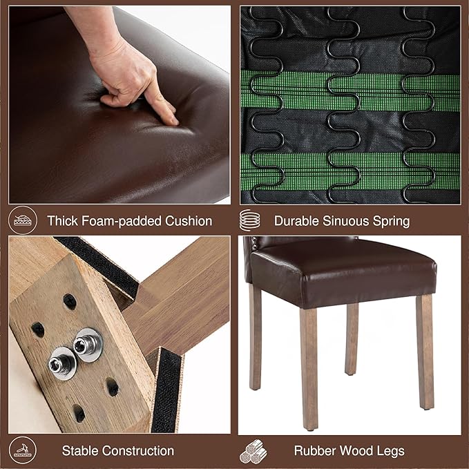 Upholstered Dining Chair Modern Stylish Parsons Kitchen Diner High Back with Silver Nailhead Trim & Wood Legs, Set of 2, PU Leather Dark Brown