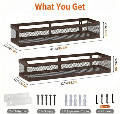 PUSDON 16.5-Inch Extra Long Slim Mesh Shower Caddy, Wall Mounted Bathroom Organizer with Adhesive, Heavy Duty Rustproof Shelf for Narrow Kitchen Pantry & RV, Holds 50 LBS Bronze -2 Packs Netting