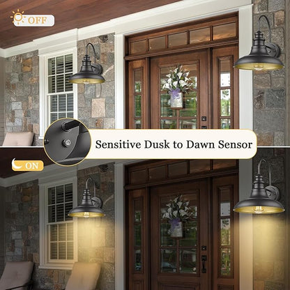 Dusk to Dawn Sensor Outdoor Barn Light Fixture, 12.3 Inch Dome Outdoor Wall Sconce Farmhouse Wall Mount Lights Exterior Light Fixture Black Finish Industrial Wall Lantern for Porch, 2Pack