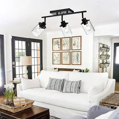 Track Lighting Fixtures 3 Light Ceiling Lights with Adjustable Track Heads, Black Bathroom Vanity Light with Clear Glass Shade, Modern Track Lighting Kit for Kitchen Office Living Room