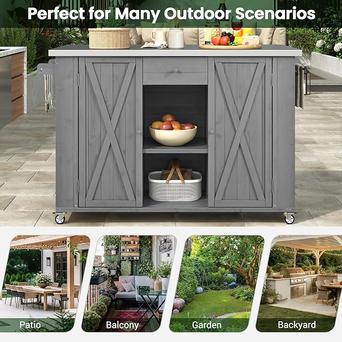 Flieks Outdoor Kitchen Island Fir Wood Kitchen Island with Stainless Steel Top, Ample Storage Space, Towel and Spice Racks and a Bottle Opener for Outdoor, Grey