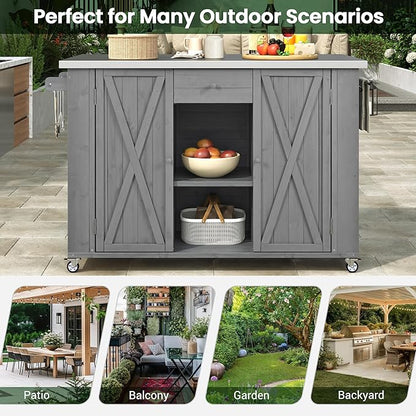 Flieks Outdoor Kitchen Island Fir Wood Kitchen Island with Stainless Steel Top, Ample Storage Space, Towel and Spice Racks and a Bottle Opener for Outdoor, Grey