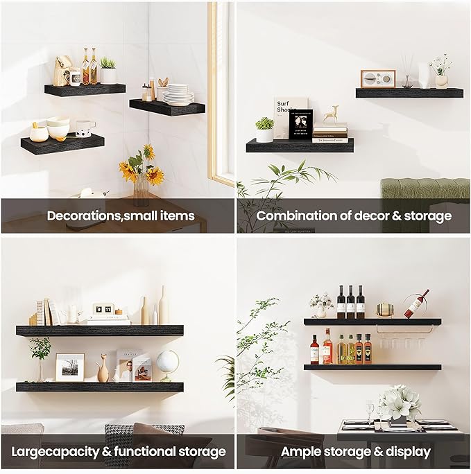Vivelove Floating Shelves 16 Inch, Wall Shelves Over Toilet with Invisible Brackets for Bathroom Living Room Kitchen Bedroom Office Farmhouse Home Decor, 16" X 9.3" X 1.5" - Set of 2, Black