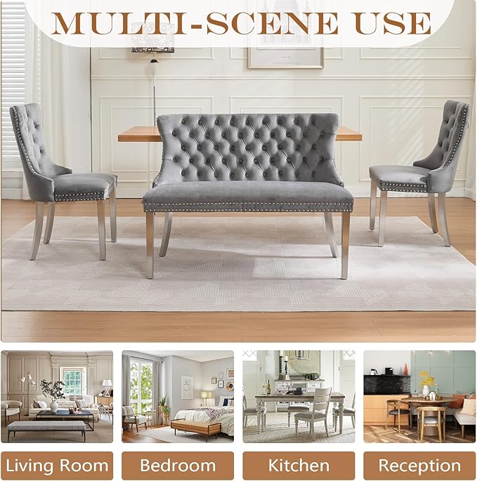 45.6in Upholstered Dining Bench, Mid-Century Modern Kitchen Room Bench with Tufted Back and Metal Legs, Velvet Small Sofa Couch Bench, Grey