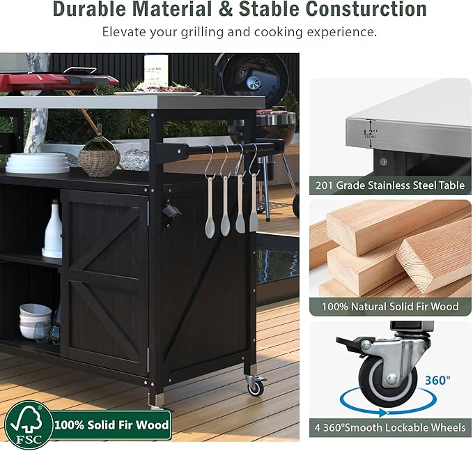 Modern Dining Table Outdoor Kitchen Island with Cabinet, Rolling Bar Cart, Farmhouse Solid Wood Grill Table with Stainless Steel Top, Spice Rack, Towel Rack for Kitchen Dining Room Tables,Blac