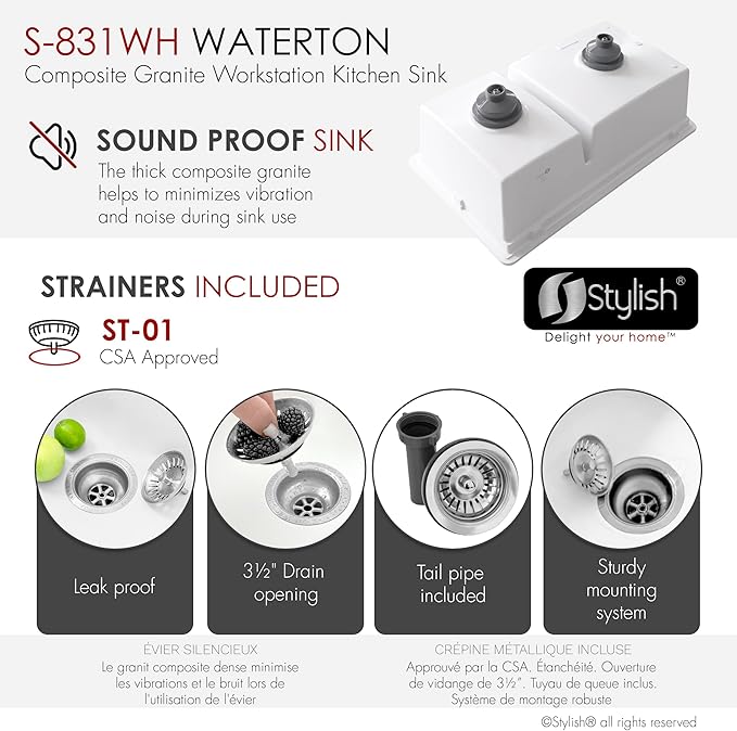 Stylish 30 x 18 Inch Composite Granite Workstation Kitchen Sink, 60/40 Double Bowl Under Mount & Drop in, 9.5 in Deep, Reversible, with Cutting Board, Colander, Colander & Strainer, White, S-831WH
