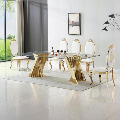 94" Modern Glass Gold Dining Table for 8-10, Luxury Kitchen Table with Tempered Glass Top & Mirror Finish Stainless Steel Base, Large Dinner Pedestal Tables for Home Banquet Hall Room, Only Table